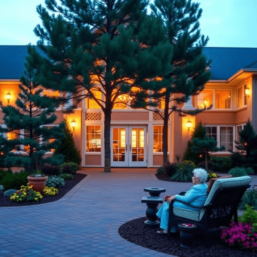 elegant senior care facility with pine trees, warm lighting, peaceful atmosphere